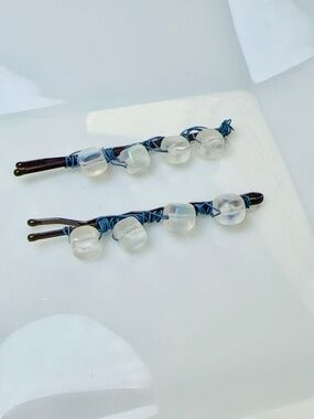 Frosted Square Clear Blue Wire Beaded Bobby Pins